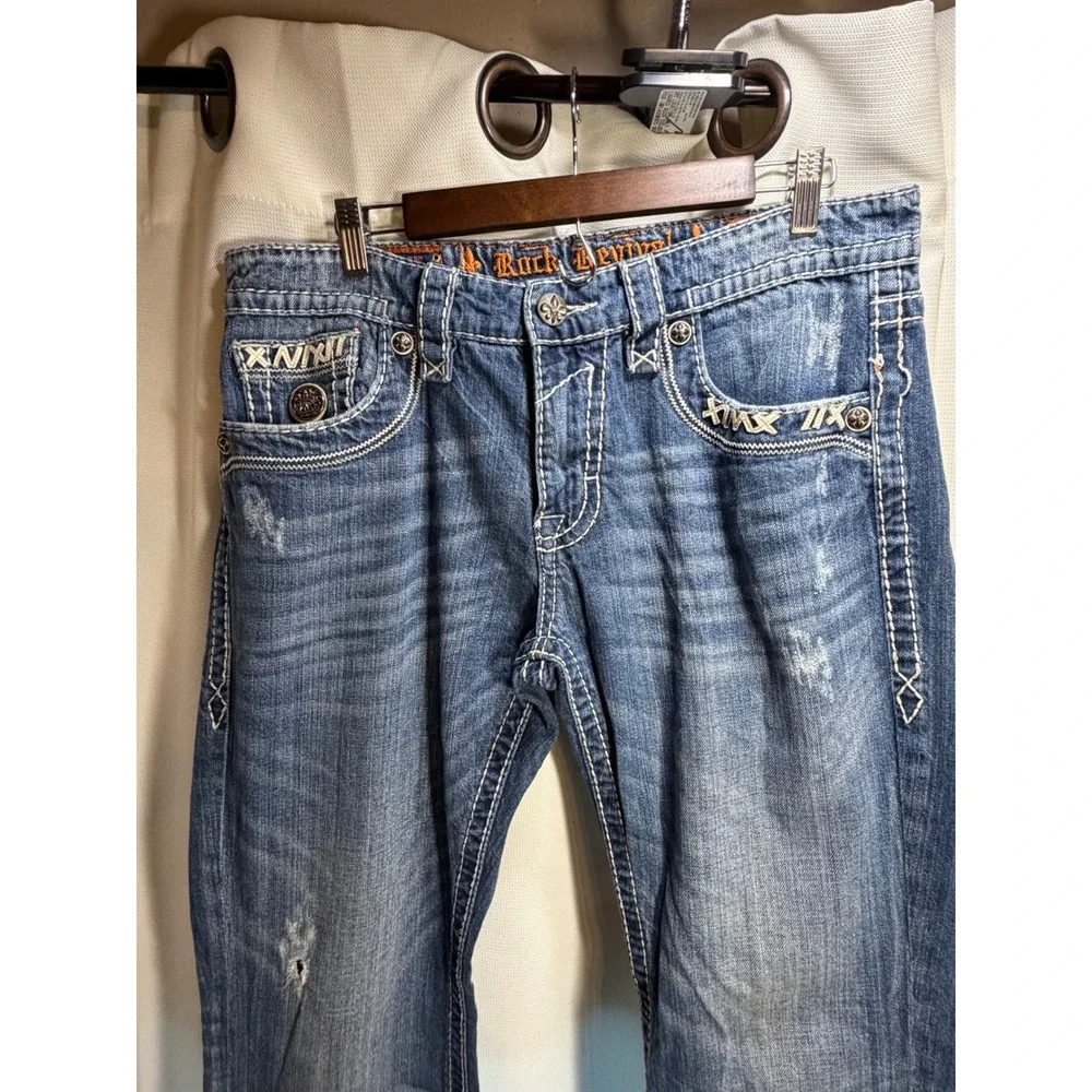 Rock Revival Mens Bootcut Jeans Size 34 Flap Pocket Thick Stitch Blue Y2K